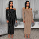 Fashionable women's elegant long sleeved strapless rhinestone wrapped arm dress