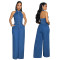 Cowboy fashion high elasticity sexy backless lapel wide leg pants sleeveless jumpsuit