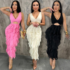 sexy V-neck sleeveless hollow out ruffle edge solid color slit dress for women's wear