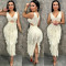 sexy V-neck sleeveless hollow out ruffle edge solid color slit dress for women's wear