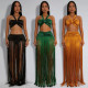 Fashion women's sexy shoulder strap top, tassel long skirt two-piece set