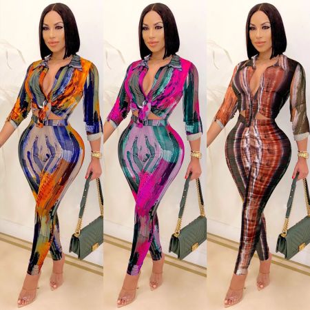 New fashion digital print V-neck long sleeved pants two-piece set for women