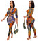 New fashion digital print V-neck long sleeved pants two-piece set for women