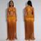 Fashion women's sexy shoulder strap top, tassel long skirt two-piece set