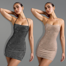 Fashionable women's sexy hanging neck rhinestone bag arm dress short skirt