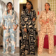 Elegant commuting stand collar printed drawstring waist cinching long sleeved two-piece set