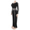 Commuting leisure one shoulder slanted collar elastic splicing high waist wide leg long pants long sleeves two pieces