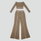 Commuting leisure one shoulder slanted collar elastic splicing high waist wide leg long pants long sleeves two pieces