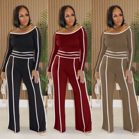 Commuting leisure one shoulder slanted collar elastic splicing high waist wide leg long pants long sleeves two pieces
