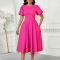 Summer Fashion Bubble Sleeves Elegant High Waist Solid Color Round Neck Large Skirt African Dress