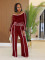 Commuting leisure one shoulder slanted collar elastic splicing high waist wide leg long pants long sleeves two pieces
