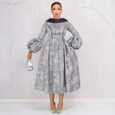 Elegant waist cinched backless lapel lantern sleeves, large skirt hem, fluffy dress