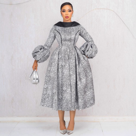 Elegant waist cinched backless lapel lantern sleeves, large skirt hem, fluffy dress