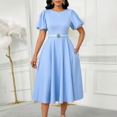 Summer Fashion Bubble Sleeves Elegant High Waist Solid Color Round Neck Large Skirt African Dress