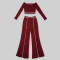 Commuting leisure one shoulder slanted collar elastic splicing high waist wide leg long pants long sleeves two pieces