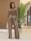 Commuting leisure one shoulder slanted collar elastic splicing high waist wide leg long pants long sleeves two pieces