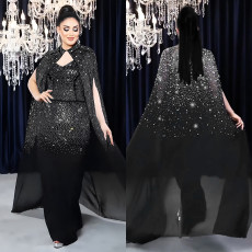 Fashionable women's sexy rhinestone wrapped transparent shawl dress