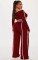 Commuting leisure one shoulder slanted collar elastic splicing high waist wide leg long pants long sleeves two pieces