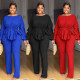 Elegant stretch slim lace drawstring long sleeved waist cinching two-piece set