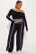 Commuting leisure one shoulder slanted collar elastic splicing high waist wide leg long pants long sleeves two pieces