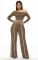 Commuting leisure one shoulder slanted collar elastic splicing high waist wide leg long pants long sleeves two pieces