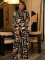 Elegant commuting stand collar printed drawstring waist cinching long sleeved two-piece set