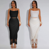 Fashion women's sexy suspender tassel top long skirt two-piece set