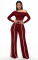 Commuting leisure one shoulder slanted collar elastic splicing high waist wide leg long pants long sleeves two pieces