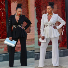 Elegant commuting waist cinching slim fit chicken eye decoration strap suit two-piece set