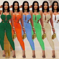 Fashionable women's casual sexy hanging neck backless solid color jumpsuit