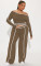 Commuting leisure one shoulder slanted collar elastic splicing high waist wide leg long pants long sleeves two pieces