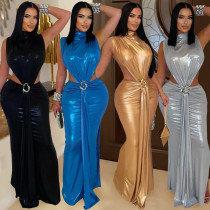 Fashionable women's sexy and elegant high neck bag arm split dress