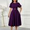 Summer Fashion Bubble Sleeves Elegant High Waist Solid Color Round Neck Large Skirt African Dress