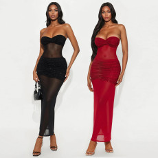 Skincare Milk Silk Splicing Mesh Hot Diamond Party Bag Butt Dress Long Skirt