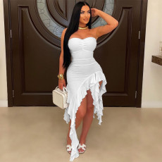 Strapless irregular dress, solid color ruffle edge dress, women's clothing, hip hugging style