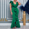 Summer gift dress solid color V-neck ruffled slit fishtail skirt long skirt