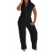 Women's jumpsuit striped lapel slim fit shirt collar straight leg pants sleeveless summer