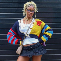 New Women's Fashion Casual Colorful Letter Knitted Button Short Long Sleeve Coat