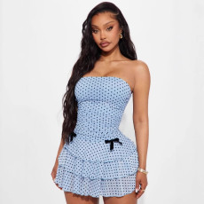 Fashionable Instagram retro polka dot strapless waist slimming short dress cake skirt
