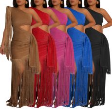 Women's dress with silky glossy fringe and off shoulder sexy dress