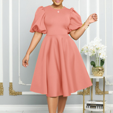 Summer short sleeved temperament round neck high waisted banquet evening dress foreign trade dress
