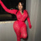 Fashionable solid color slim fit sexy lace hollow out deep V perspective long sleeved top and pants set