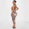New wild and elegant deep V-color contrasting hanging neck strap backless leopard print jumpsuit