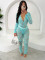 Fashionable solid color slim fit sexy lace hollow out deep V perspective long sleeved top and pants set