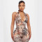 New wild and elegant deep V-color contrasting hanging neck strap backless leopard print jumpsuit