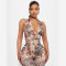 New wild and elegant deep V-color contrasting hanging neck strap backless leopard print jumpsuit