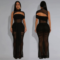 Fashionable women's sexy perspective mesh arm wrapped dress set