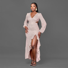 Sexy deep V-sequin dress with hollowed out long sleeves and irregular lotus leaf edge length skirt for women's wear