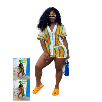 Women's sexy hollow out perspective lapel knitted shorts set