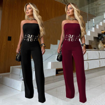 Fashionable women's casual sexy strapless metal buckle jumpsuit new